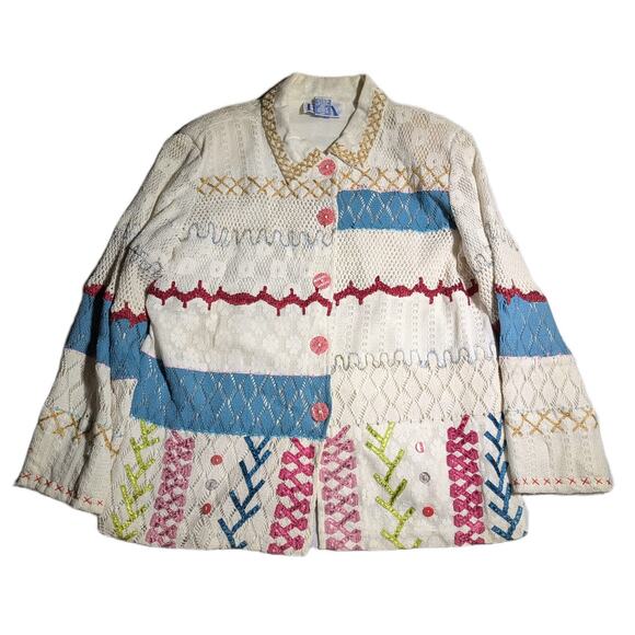 Vtg 1990s BFA Ivory Blue Crochet Patchwork Embroidered Button Up Jacket Sz M - Picture 1 of 3